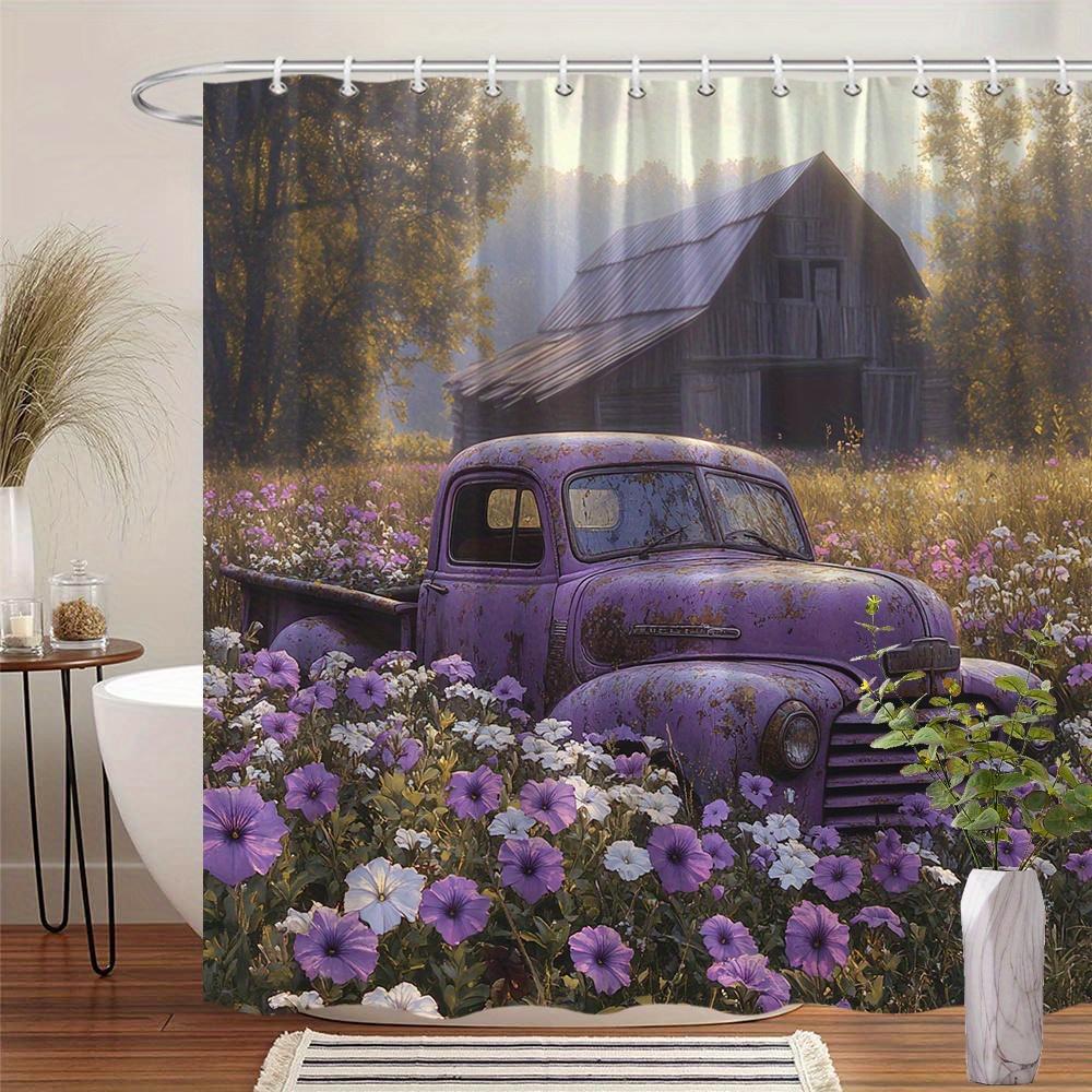 1pc Vintage Purple Pickup Curtain, Wildflowers & Barn, Rustic Scene, Nostalgic Polyester, 12 Hooks, Moving Gift, Farmhouse Decor