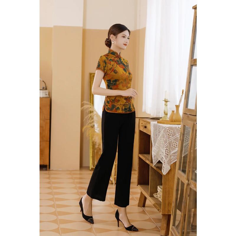 Blusa Elegante de Satén para Mujer Estampado de Flores Camisa Cheongsam Estilo Chino Tradicional Ropa Tang Disfraz de Verano Otoño