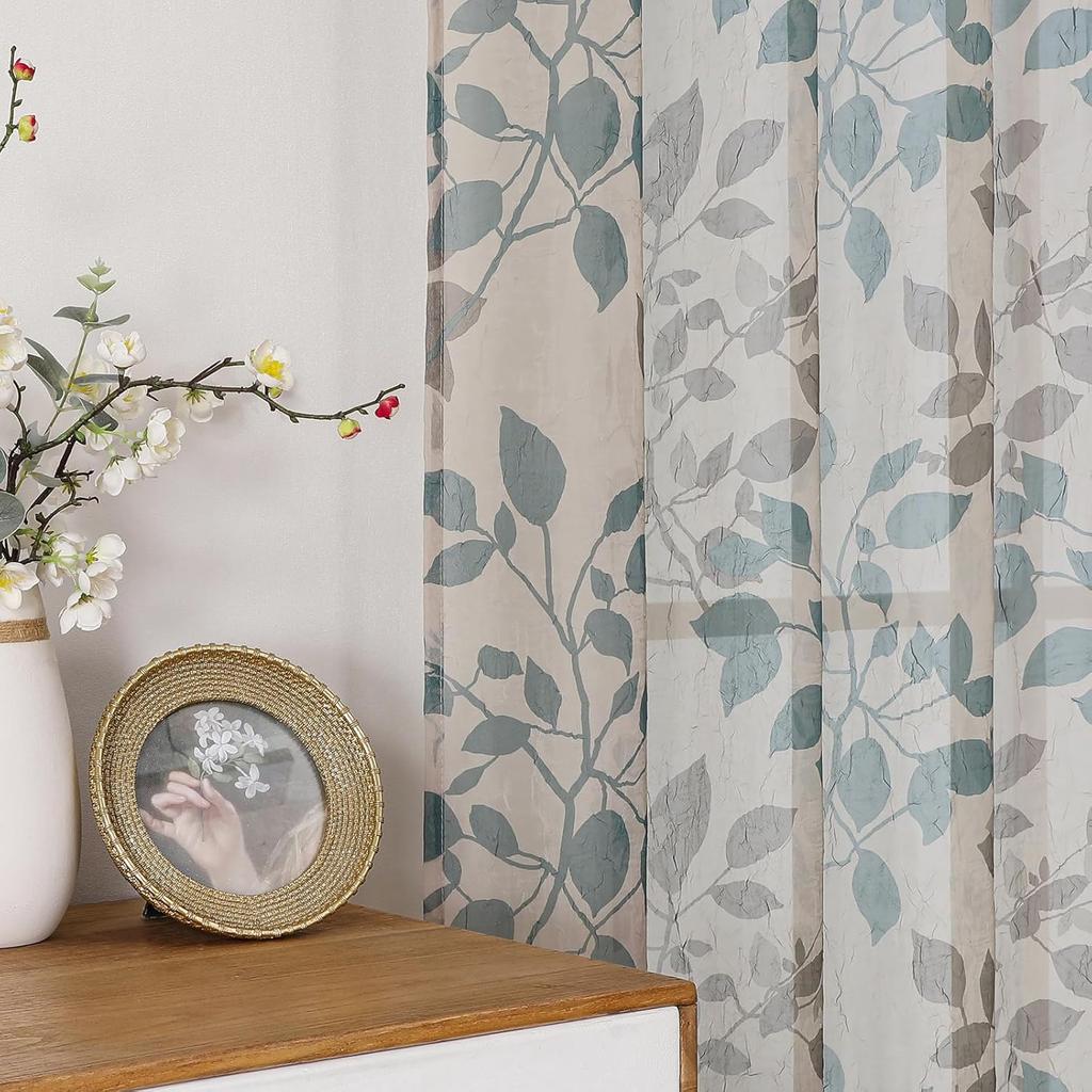 OWENIE Floral Sheer Curta with Pattern 63 Inches Long 2 Panels Set for Living Room Bedroom, Sheer Floral Curta with Printing Leaf Design Rod Pocket