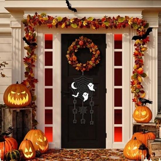Halloween Garland 7-piece Set Decorations Ghost Bat Spider Web Witch Moon Hanging Paper Door Flag Sign Entrance Wall Pendant Decor Interior Store Home