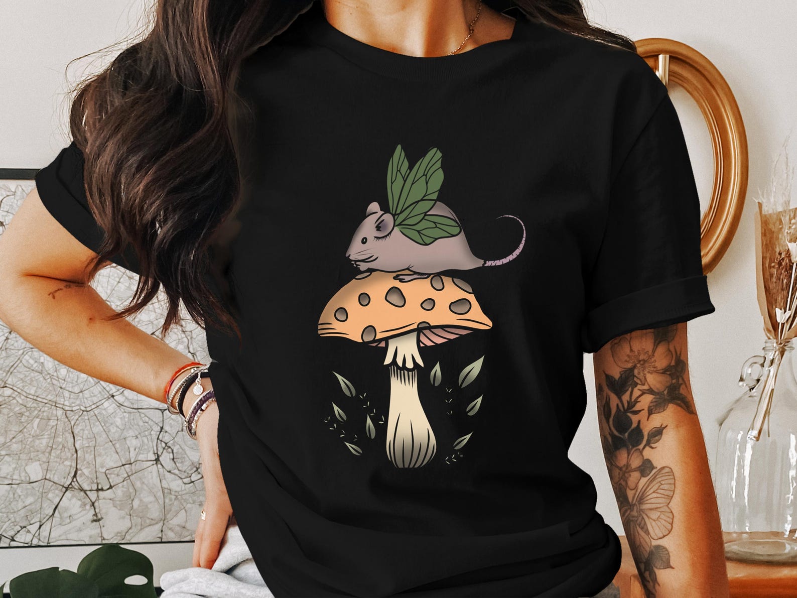 Fairy Mouse on Mushroom T Shirt, Cottagecore Shirt, Whimsical Animal Tee, Nature Inspired Top, Mythical Critter Graphic Tee, Cute Forest XL