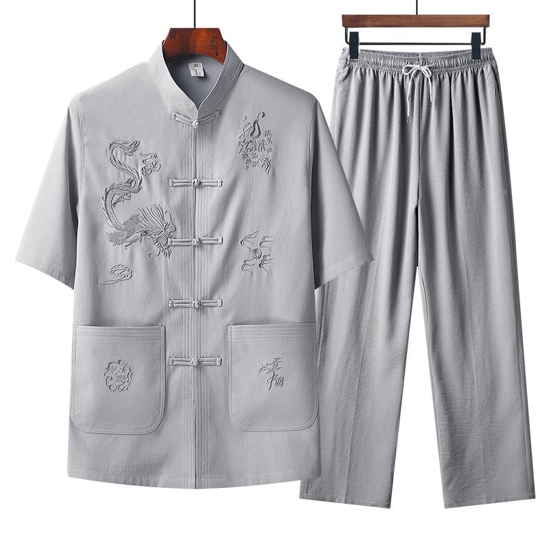Men's Embroidered Short Sleeve Tang Suit - Loose Fit Dragon Set for Fathers and Seniors