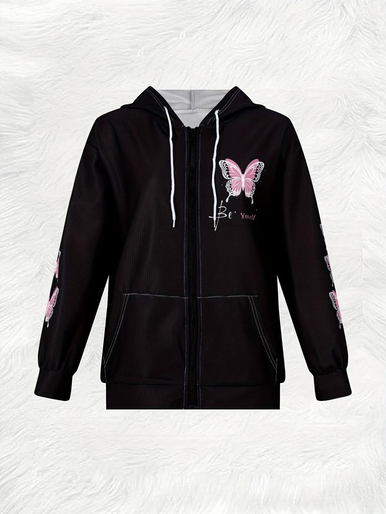 Printed Design Pink Butterfly Be Yourself Print Elegant Style Casual Style Hooded Zipper Style Ladies' Casual Jacket