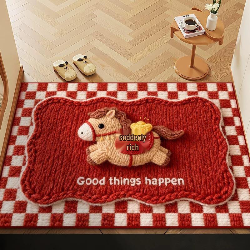 New Year Red Cartoon Festive Crystal Velvet Non-slip Entrance Floor Mat - Quick Drying, Wear-resistant, Water-absorbing Foot Pad.