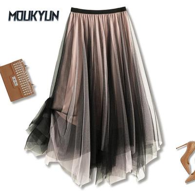 Autumn New Trendy Fashion Contrast Gradient Irregular Thin Mesh Pleated Midi Skirts