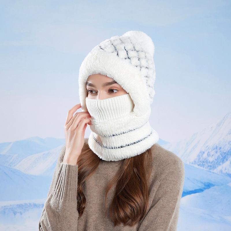 Winter Warm Pullover Hat Scarf Mask Integrated Hat Women's Outdoor Riding Fleece Ear Protection Knitted Wool Hat