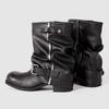 Fashion Black Leather Thick Bottom Botines Para Mujeres Fashion Round Toe Metal Buckle Winter Boot Retro Square Heel Pleated Knight Boot