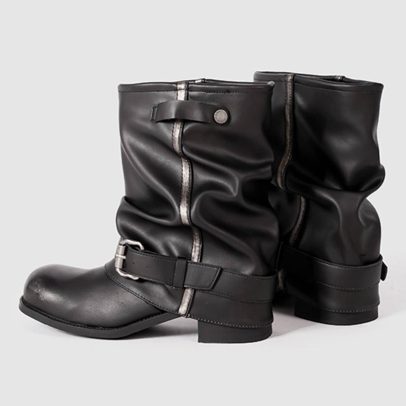 Fashion Black Leather Thick Bottom Botines Para Mujeres Fashion Round Toe Metal Buckle Winter Boot Retro Square Heel Pleated Knight Boot