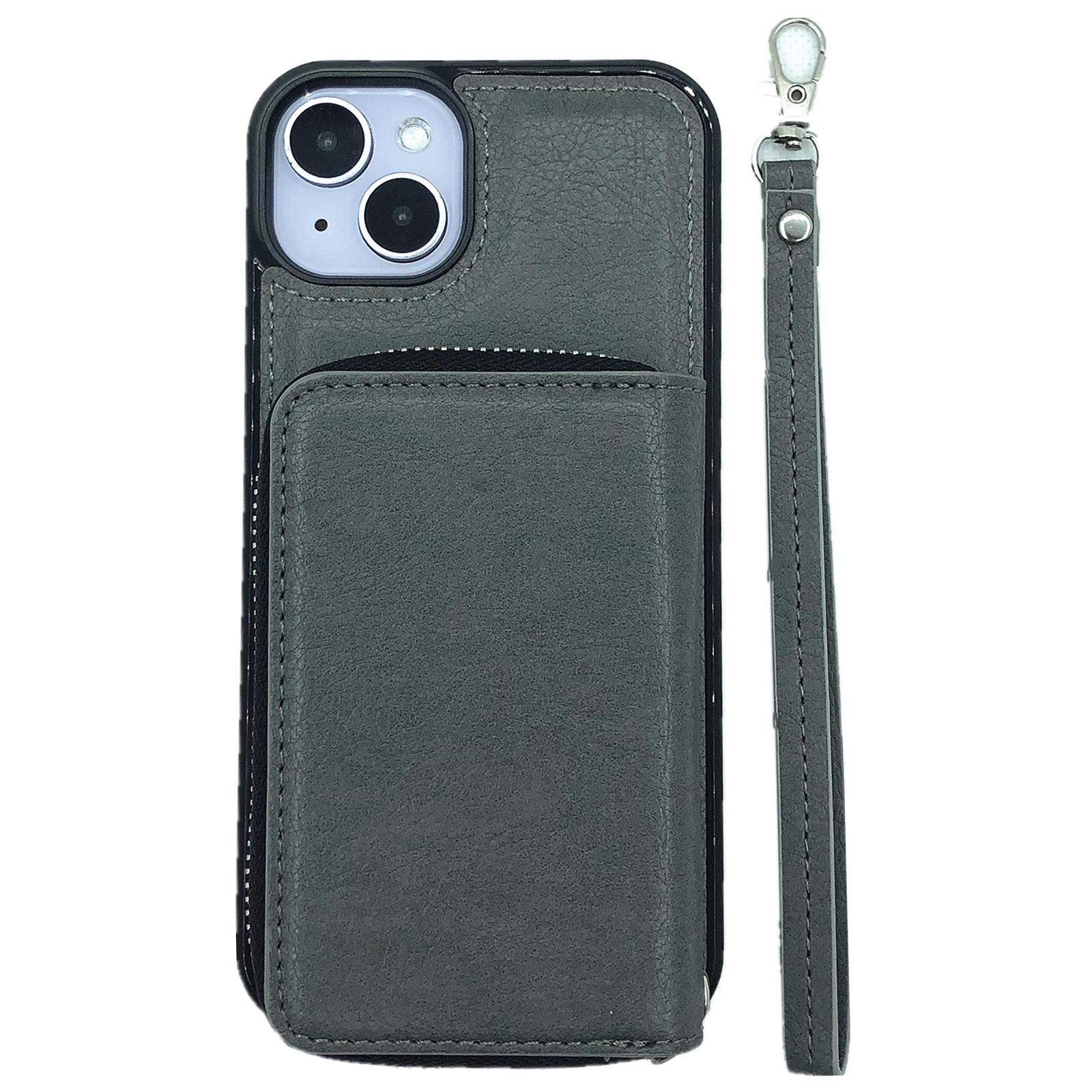 For iPhone 15 Plus Case Detachable Zipper Card Bag PU+TPU Kickstand Phone Case with Strap C
