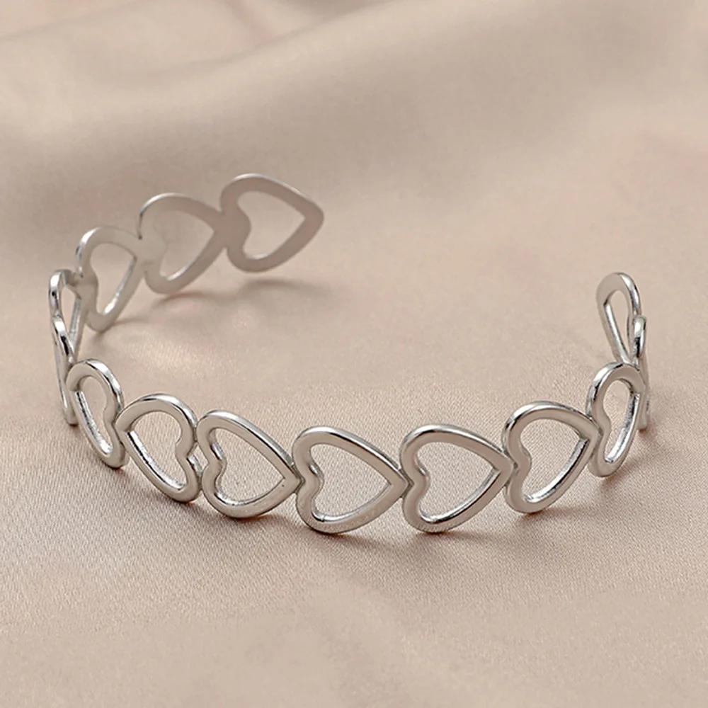 316L Stainless Steel Fashion Love Heart Bangles For Women Gold Color Silver Color Vintage Adjustable Cuff Bracelet Jewelry Gift