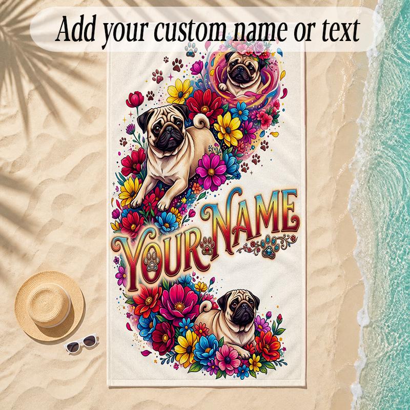 Pug Theme Soft Beach Towel Personalized Custom Name Text Towel Portable for Beach Pool Travel
