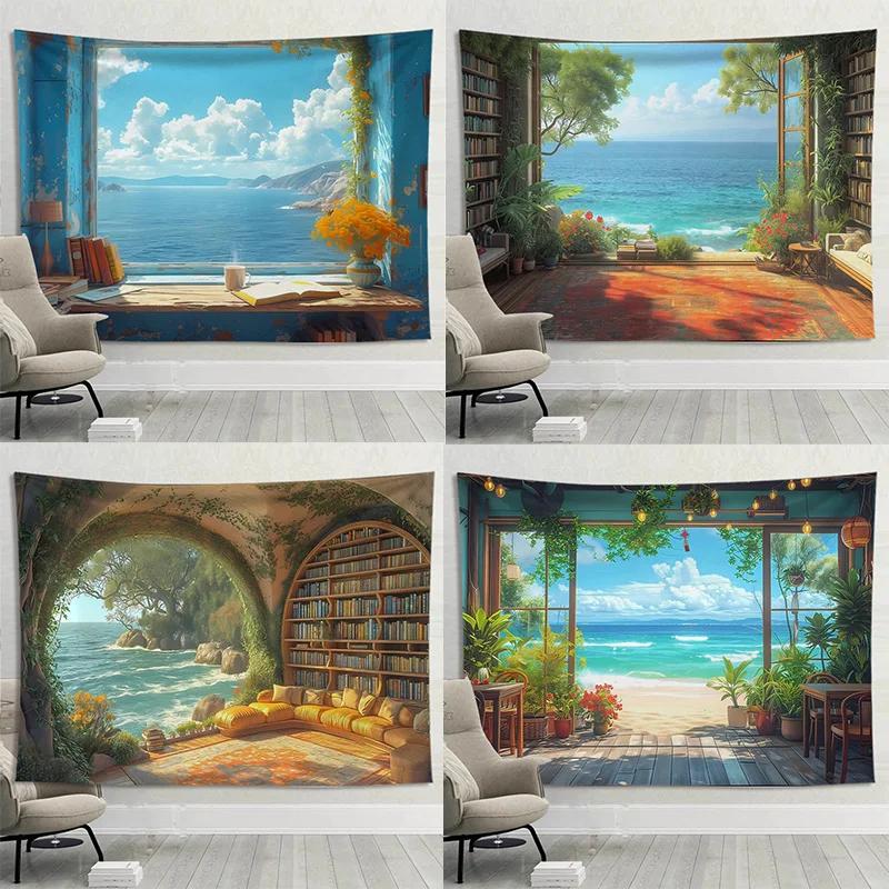 Hanging Wall Tapestry with Quiet Scenery by the Sea, Coastal Decoration for the Living Room, Fabric Art Overlooking the Ocean for the Home, Inspired