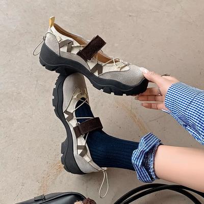 Cowhide Version~ Thick-soled Color Matching Sports Velcro Mary Jane Shoes Women's Retro Leather Versatile Functional Wind Single Shoes