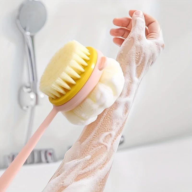 2-In-1 Long Handle Pet Bath Brush - Soft/Hard Bristles & Double-Sided Exfoliating Grooming Tool For Dogs & Cats Showering