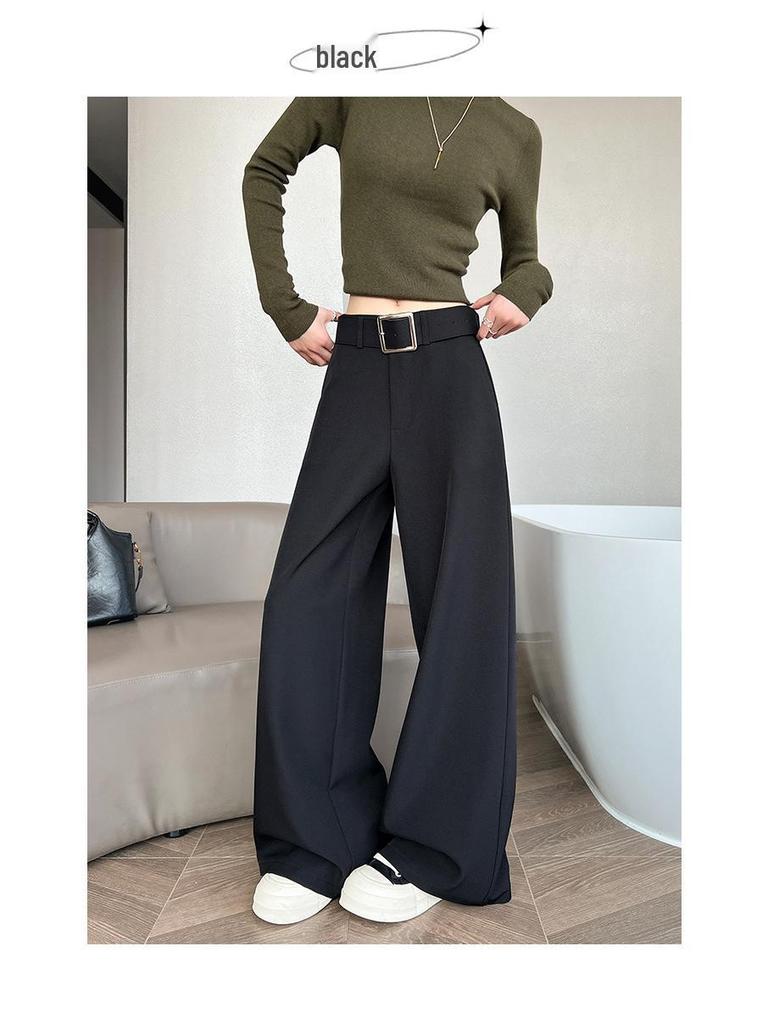 Women's Retro Minimalist Wide-Leg Khaki Suit Pants with Old Money Style Leather Belt