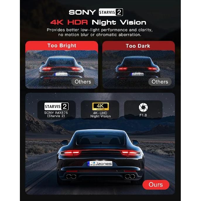 UHD 4K Dash Cam 3 Lens Driving Recorder Car DVR 1080P Rear Lens Camera Built-In WiFi GPS 24-Hour Parking Monitoring Black Box