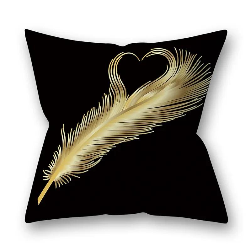 45x45cm Golden Feather Black Pillowcase Custom Leaves Plants Cushion Cover Sofa Living Room Home Decor Square Pillowslip