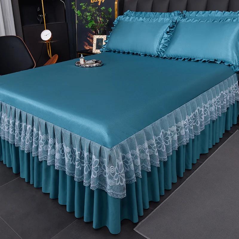 Korean Version Lace Solid Color Bed Skirt Three Piece Set, Skin Friendly Double-layer Bed Cover, Non Slip Bed Cover