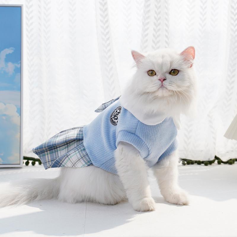 Pet Autumn and Winter Dog Woolen Checkered Cat Dress Small and Medium-sized Dog Teddy Dog and Cat Clothes