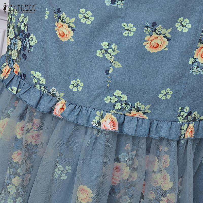 ZANZEA Womens Casual Floral Print Mesh Splice Hem Summer Midi Skirts