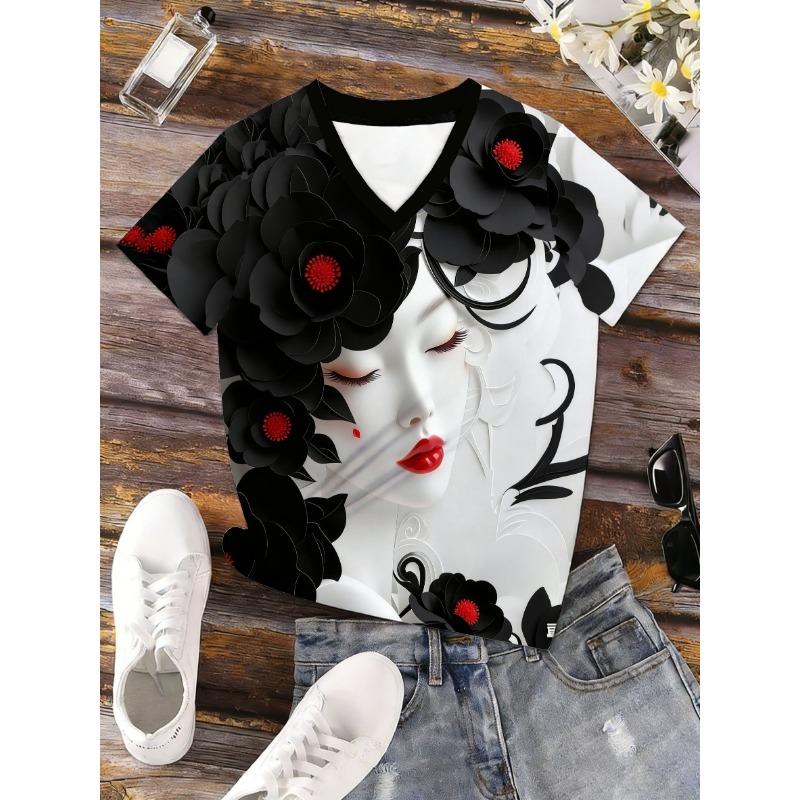 V-neck Printed T-shirt Statement Short-sleeved Top S