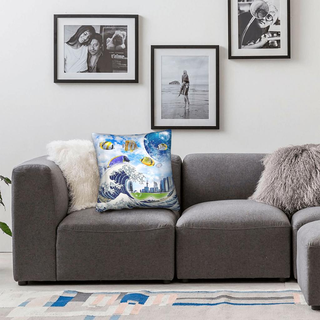 Frutiger Aero Aesthetic Square Pillow Case Tech Great Wave of Kanagawa Fishes Cushion Cover Customized Pillowcover Home 40*40cm