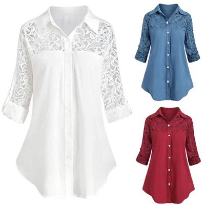 Women's Fashion Loose Casual Plus Size Lace V-Neck Button Down Long Sleeve Shirt