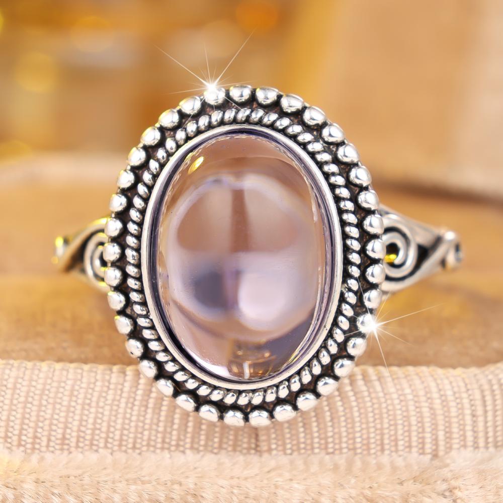 Vintage Silver Color Oval Beaded Stone Ring for Women Fashion Jewelry Gift for Wedding Party Daily