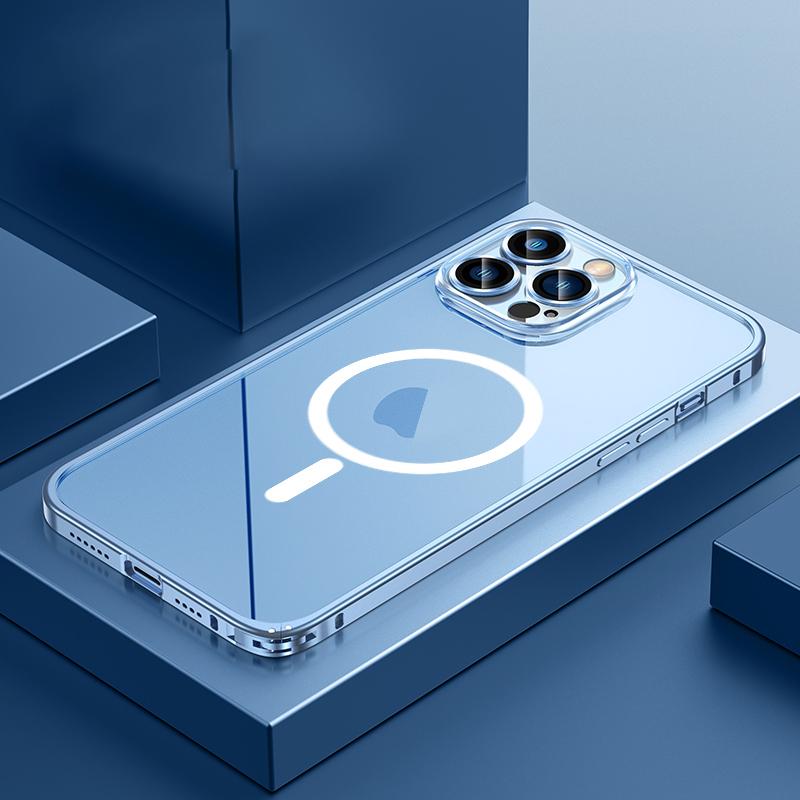 Custodia Magnetica Per IPhone 14 Pro Max Con MagSafe – Cover Trasparente Anti-Giallo, Bordo Galvanizzato Blu, Protezione Fotocamera