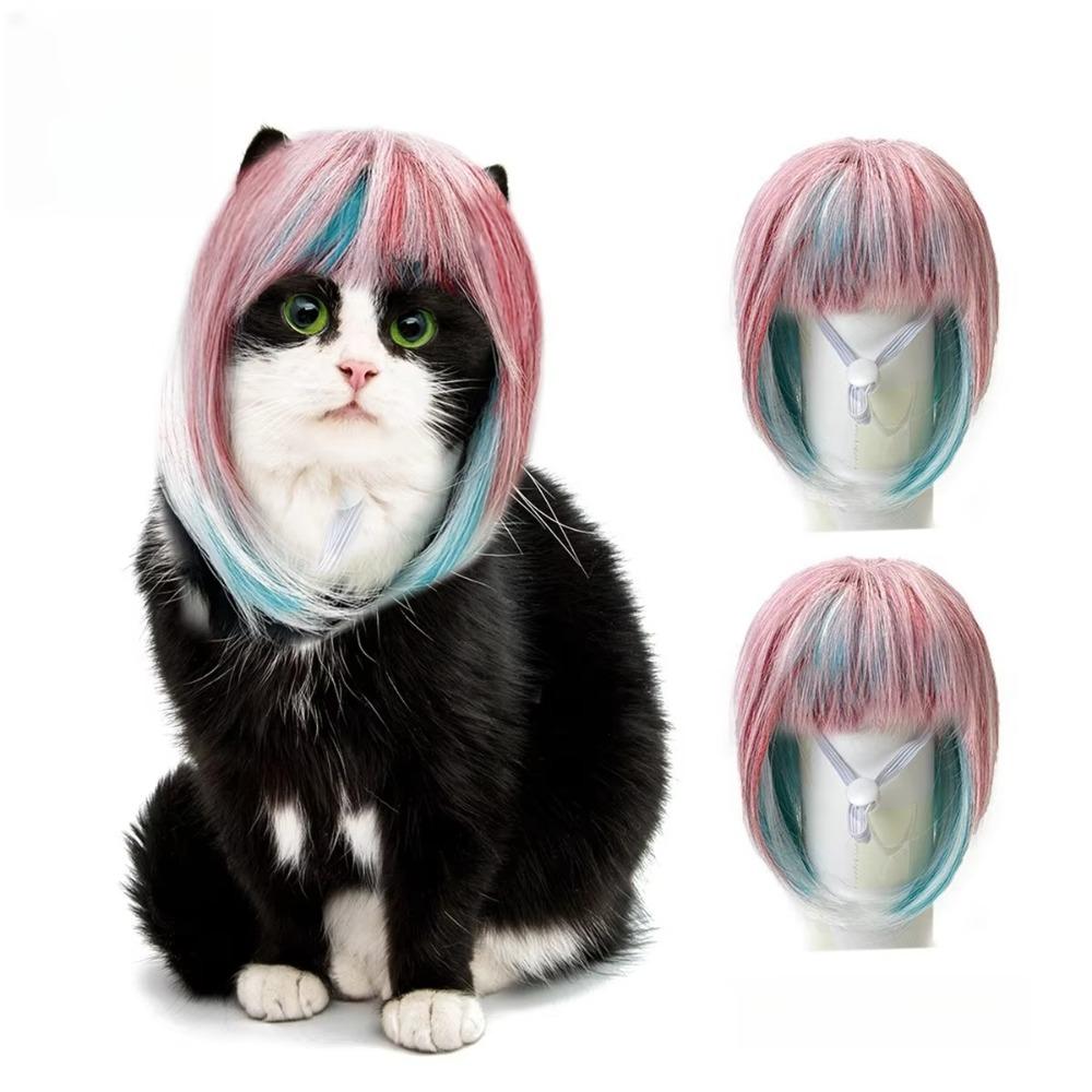 Long Hair Blue Pink Wig Colorful Dog Headwear Universal Dog Cat Costume Wig  Party Dress Up