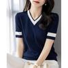 Summer Women's Color Block Knit Top V Neck Short Sleeve Casual Blouse
