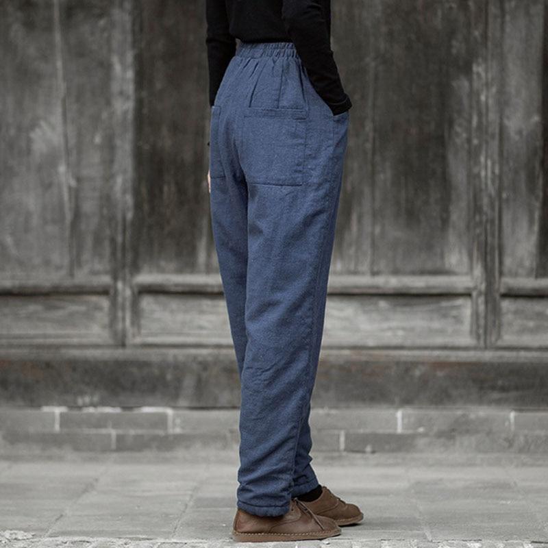 Johnature Women Cotton Linen Casual Pants Solid Color Elastic Waist Quilted Warm Trousers Winter Vintage Thick Pants