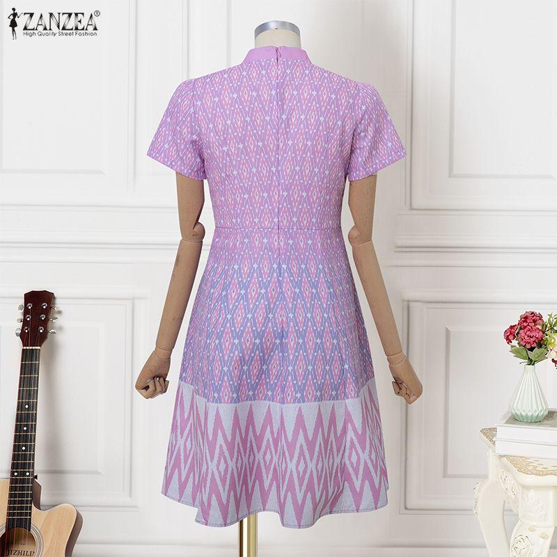 ZANZEA Women Summer Stand Collar Casual Short Sleeve Print Dress