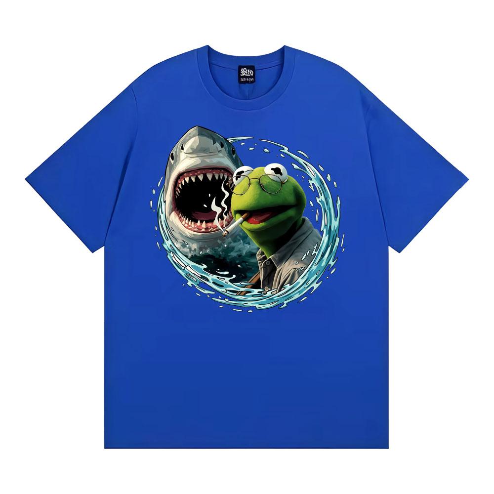 Smoking Kermit The Frog Meme Shark Attack Parody TShirt Mens Women Fashion Cool Tshirts Hot Sale Casual Short Sleeves T Shirt