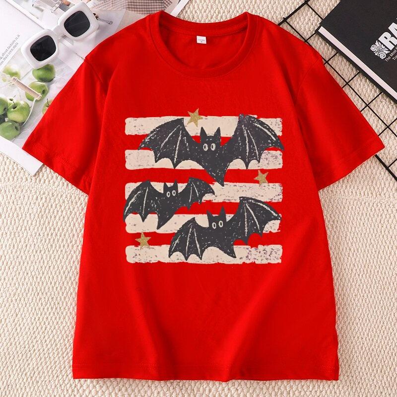 Vintage Bat Halloween TShirt Spooky Season Tee Fall Top Boho Witchy Goth Apparel T Shirts Casual Round Neck Printed Tshirts