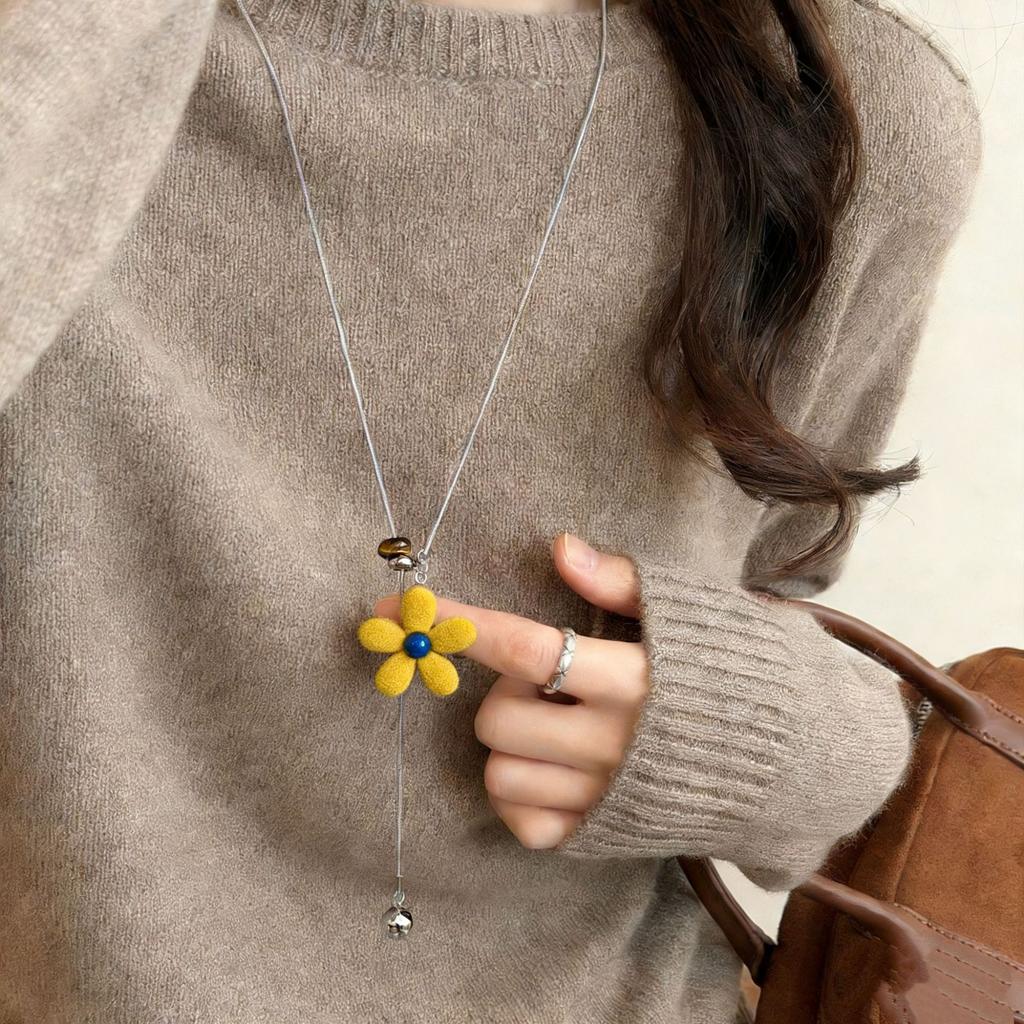 Korean Style Colorful Plush Flower Pendant Necklaces for Women Girls Casual Trendy Pull-Out Long Sweater Necklaces Jewelry Gifts
