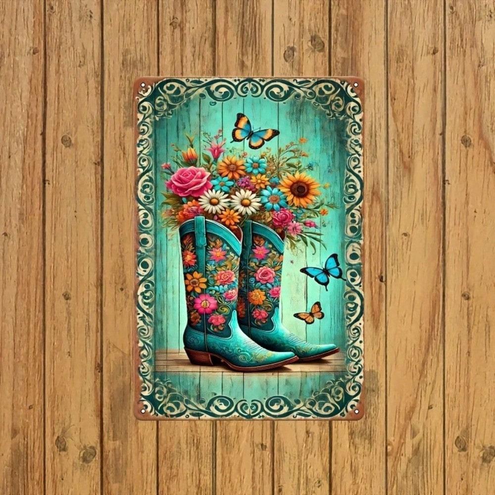 Vintage Cowboy Boots Metal Wall Art 8x12 Inch Rustic Home Decor Tin Sign