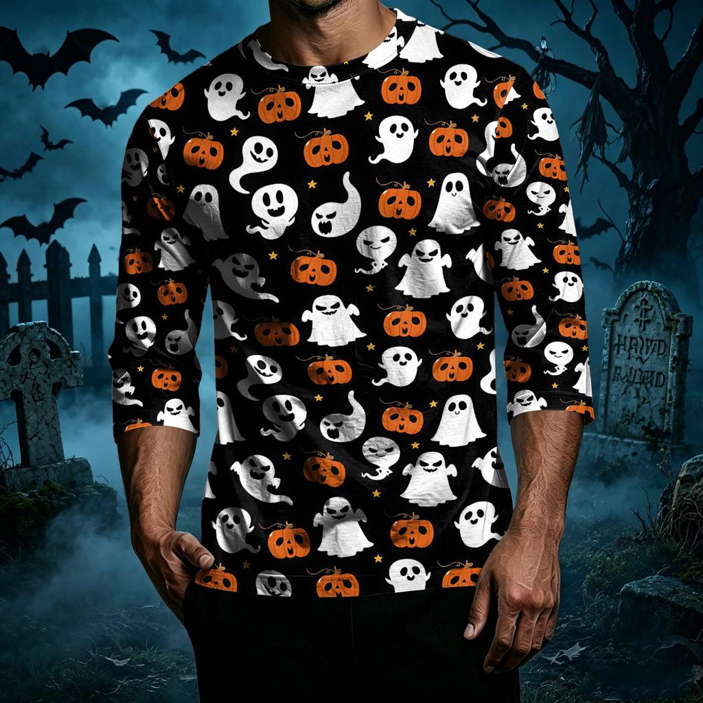 Men Casual Halloween Print Raglan Sleeve T Shirt Crew Neck Three Quarter Sleeve Top Comfortable Fit Lightweight Fabric