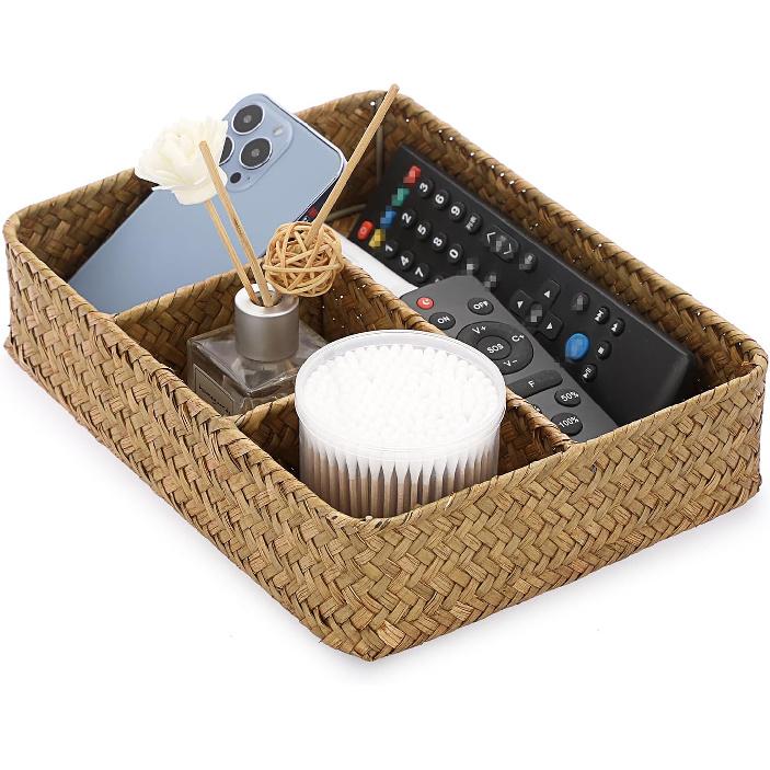 BTSKY Desk Drawer Organizer Tray, Coffee Station Organizer Tea Bag Organizer, Woven Seagrass Storage Basket with 4 Divided Sections Handwoven Wicker