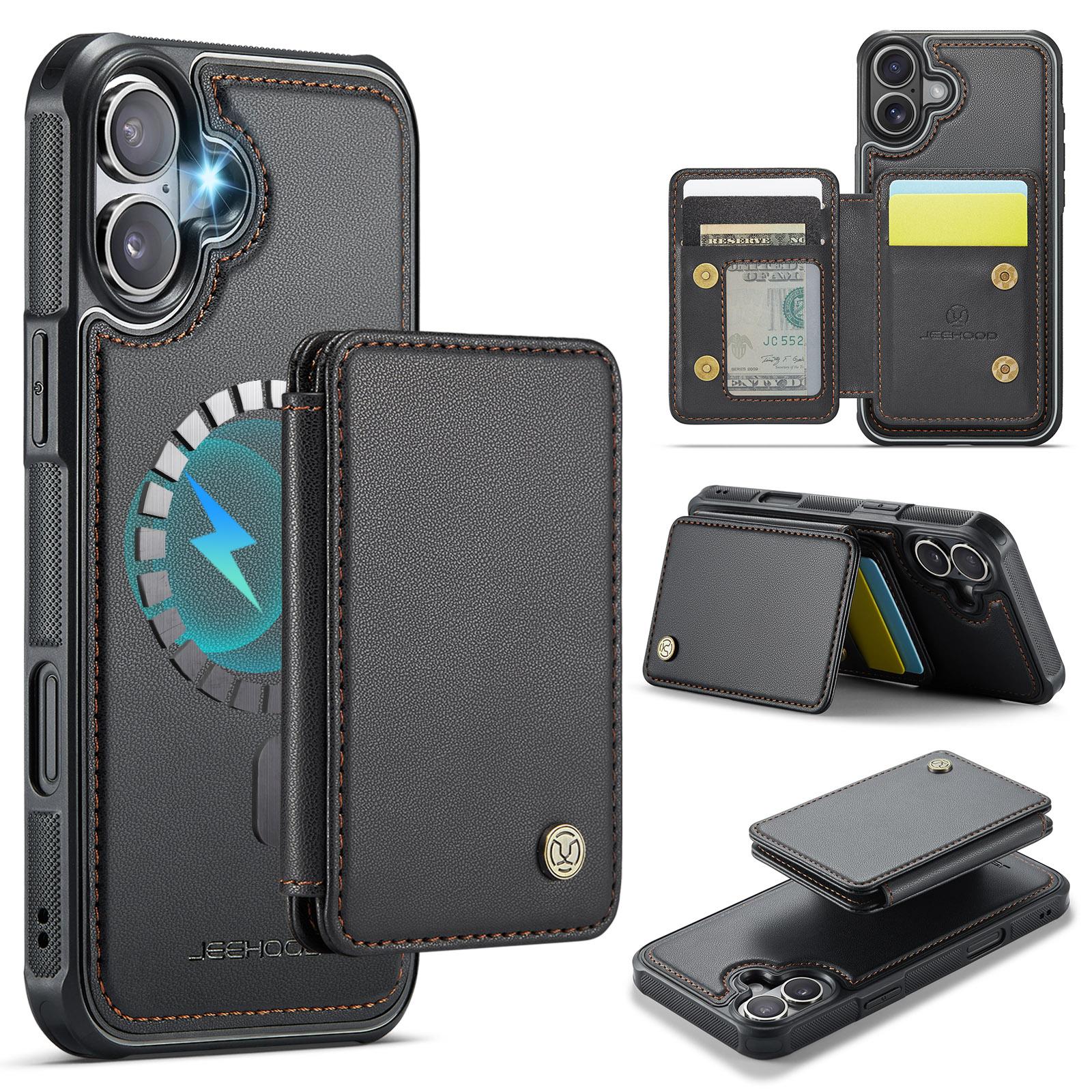 

JEEHOOD J05 For iPhone 16 Case Leather Mobile Cover with Detachable Magnetic Card Bag Black