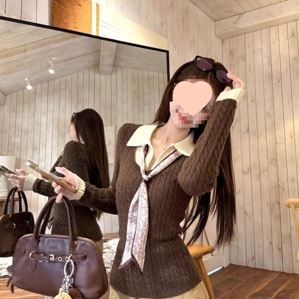 New splicing contrasting colors two-piece sweater long-sleeved knitted sweater top fabric autumn and winter slim fit