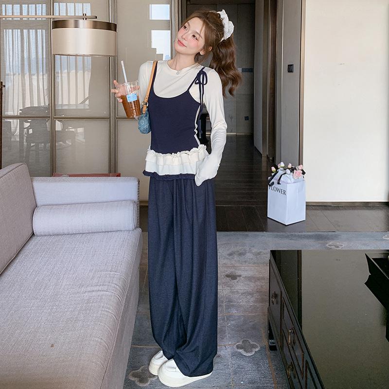 

Весна 2025 Ретро Комплект из двух частей: Кружевной топ и брюки широкого кроя XL (120-130 jin)