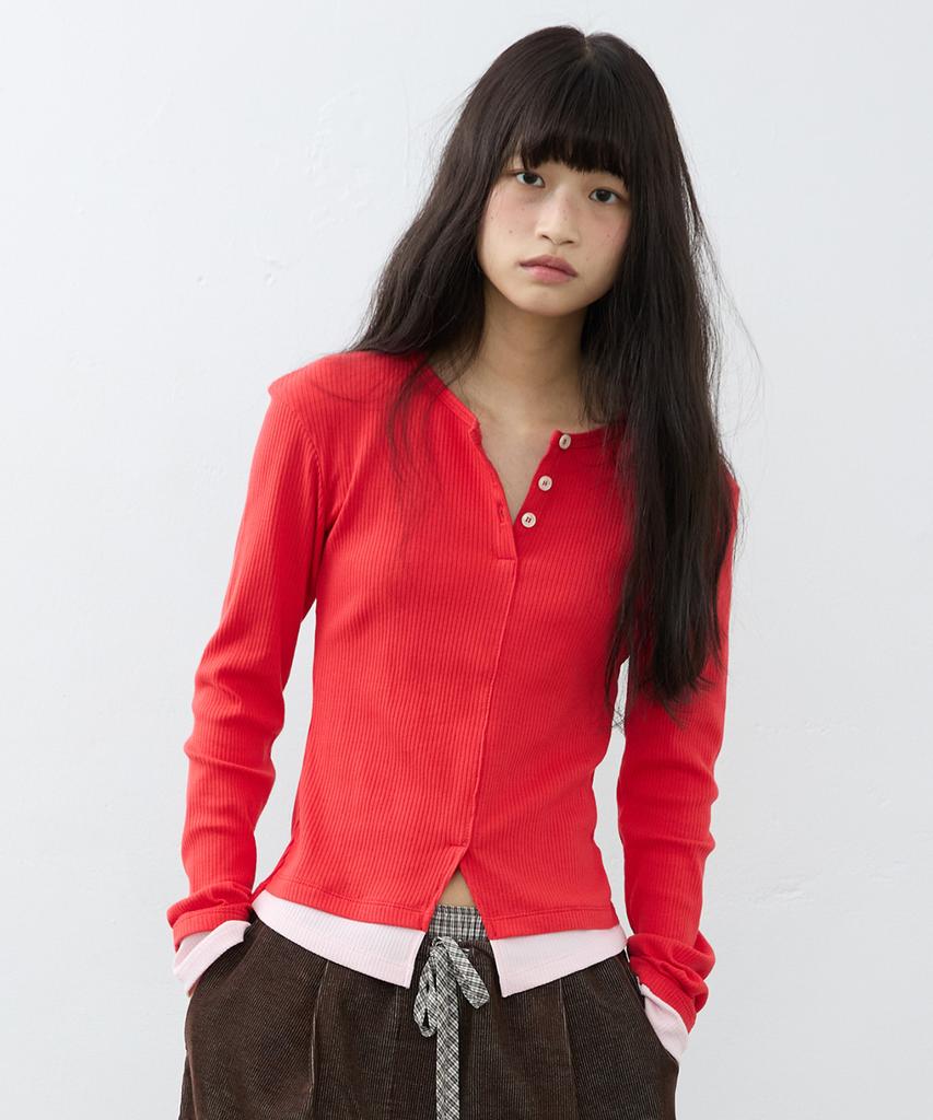 HOKUSPOKUS Underlayer Henley Neck Tee_Red