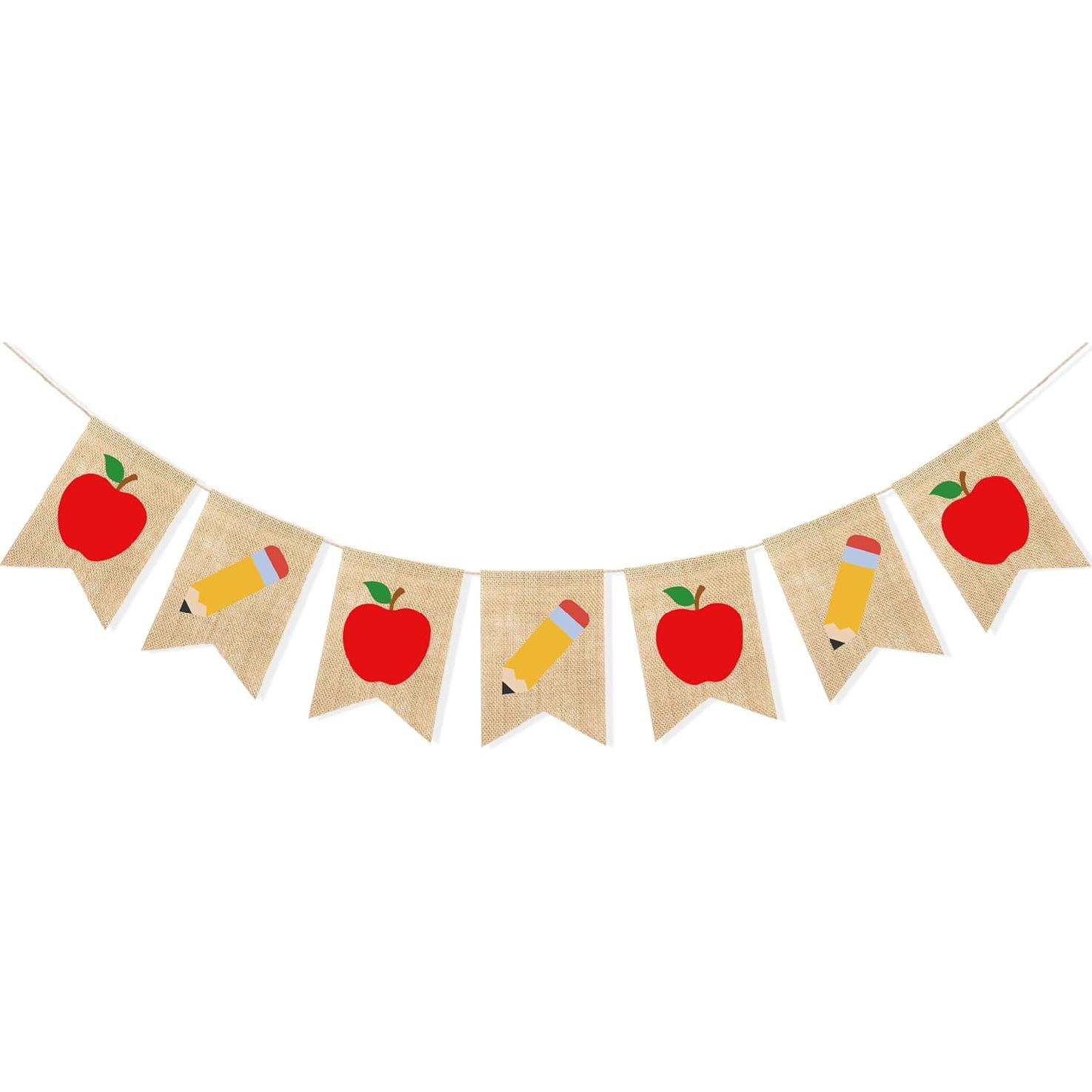 Uni Burlap Apple Pencil Banner First Day of School Decorations, Welcome Back to School Banner Garland Classroom Teachers Office Backdrop Home School