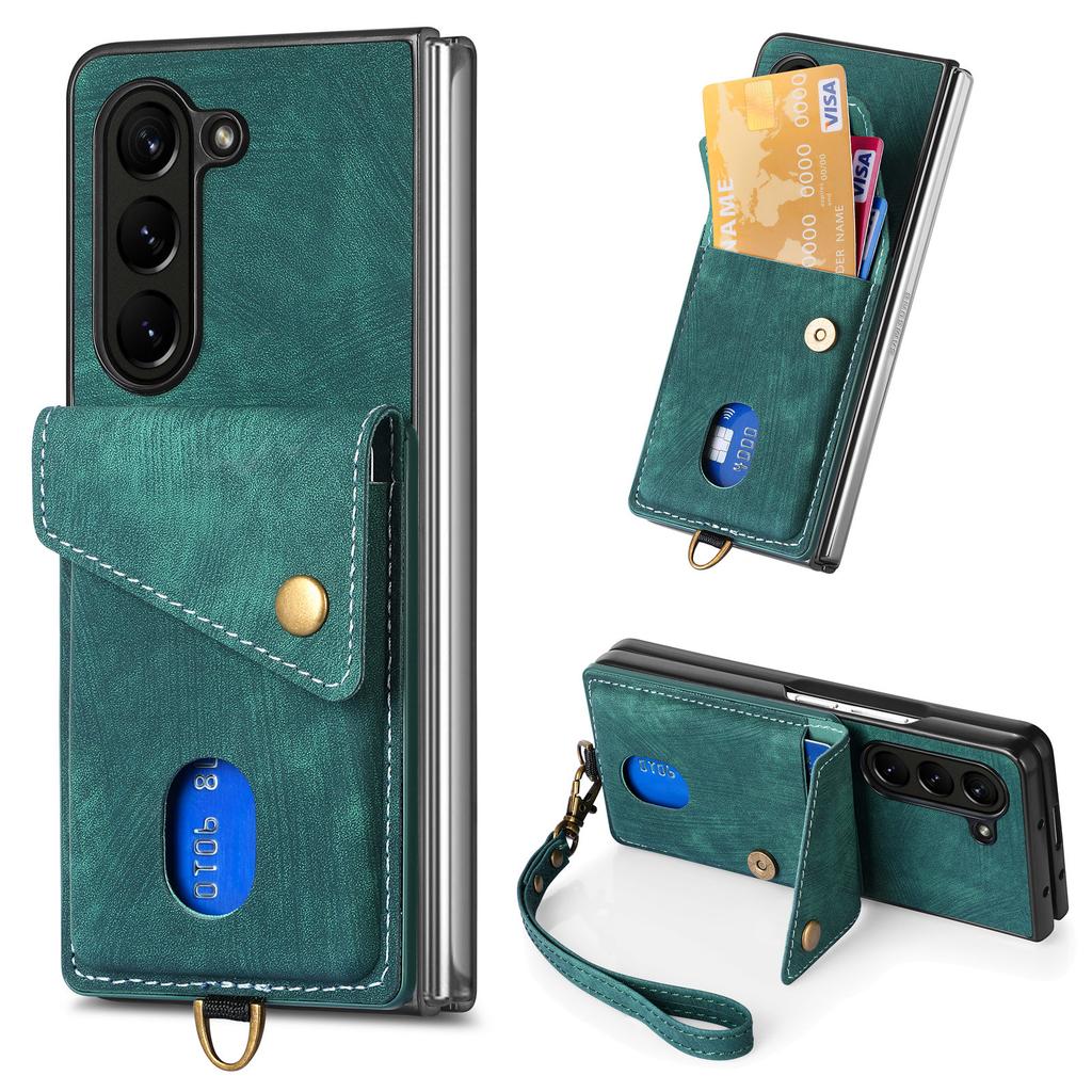 D1 For Samsung Galaxy Z Fold6 5G Case Kickstand Card Bag Leather+PC Phone Cover with Strap