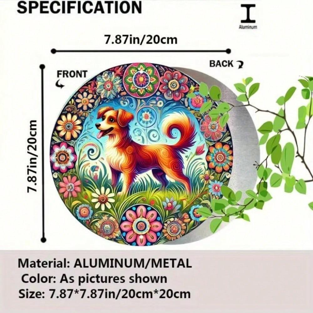 Vibrant Aluminum Round Wall Art, 2D Dog & Flower Decor for Home, Garage, Cafe - 1 Piece