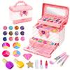 Kids Washable Makeup Set for Little Girls, Multi-Tier Quilted Vanity Case Pretend Play Cosmetic Kit with Mirror Non-Toxic Safe Birthday Gift Toys