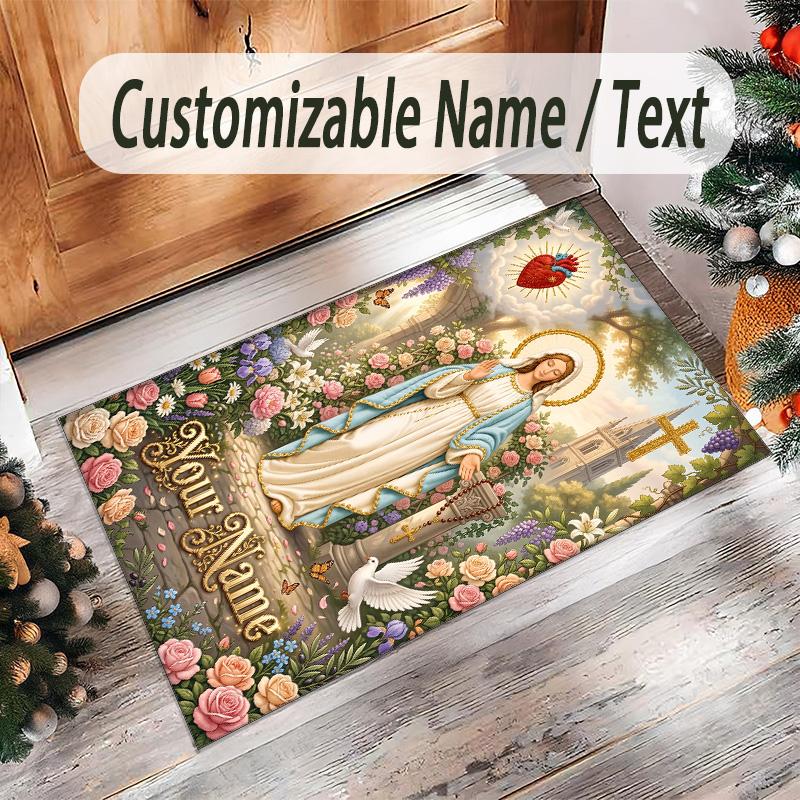 Virgin Mary Theme Crystal Velvet Rug Personalized Custom Name Text Soft Floor Mat Home Decor