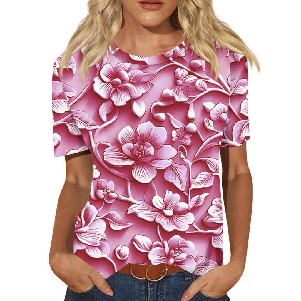 Damen Freizeit 3D Blumendruck Freizeit Kurzarm T-Shirt Pullover Rundhals Kurzarm Oberteil