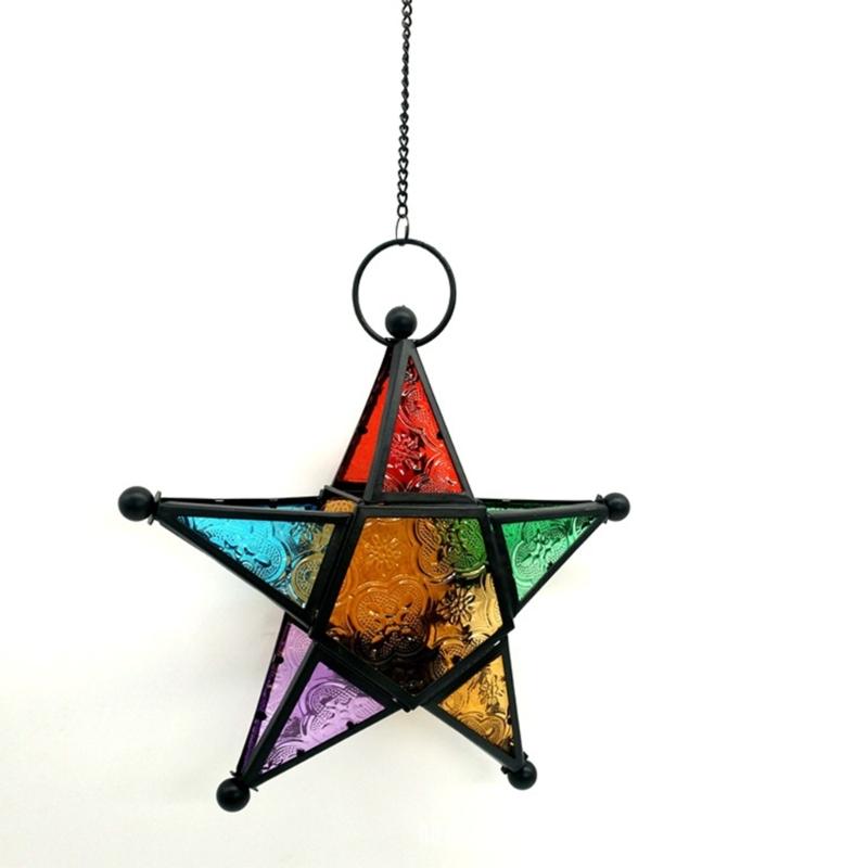 Porta lanterne sospese in ferro a forma di stella marocchino con pannello in vetro colorato per decorazione interna ed esterna di casa, giardino